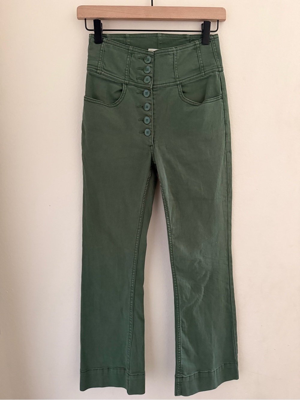 Ulla Johnson High Waisted Corset Button Fly Flare Pants Green Size 0